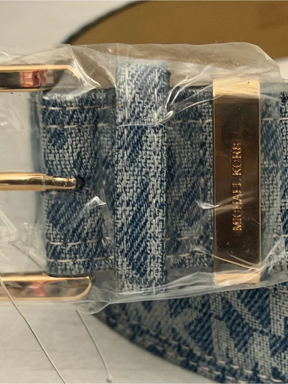 Michael Kors Men's Denim Blue MK Logo Belt with Gold Hardware M 40”